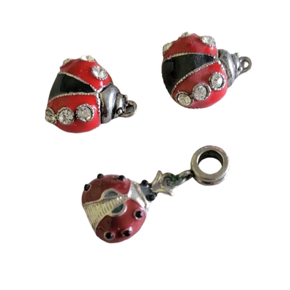 3pc Lady Bug Red Black Enamel with Rhinestones Charms for Jewelry Making